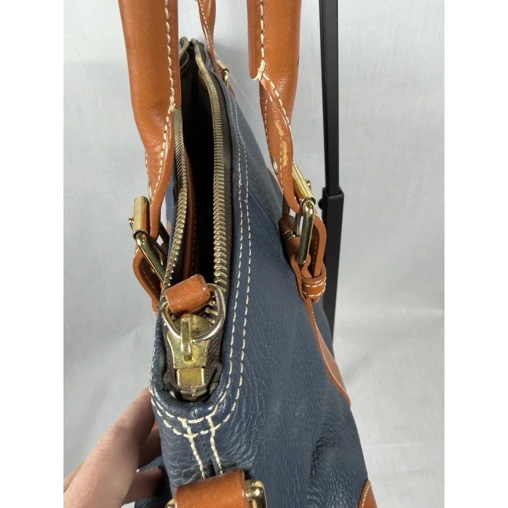 Dooney‎ & Bourke Pebbled Leather Domed Satchel Navy Tan Zip Shoulder Bag Luxury
